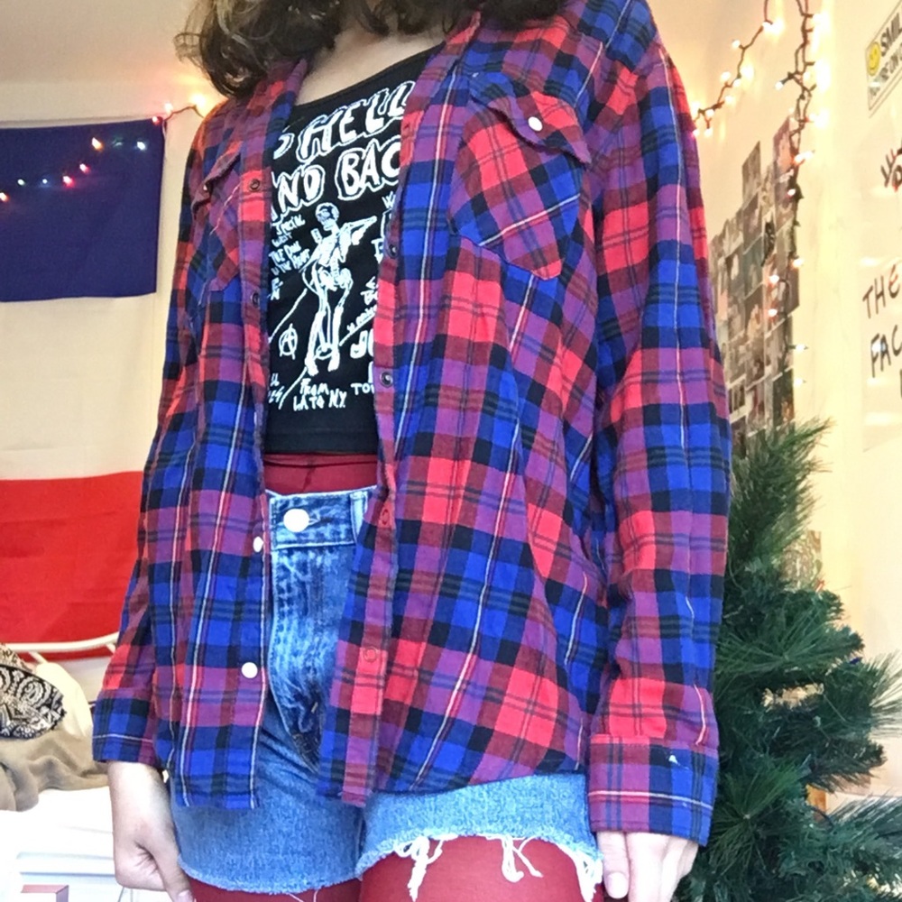 Red and blue plaid flannel button up top